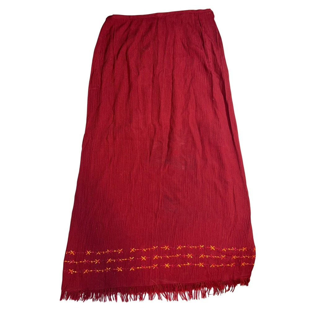 Norton McNaughton Burgundy Textured Midi Skirt Embroidered Fringed Hem Size M